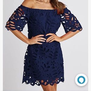 Navy on or off shoulder lined dress